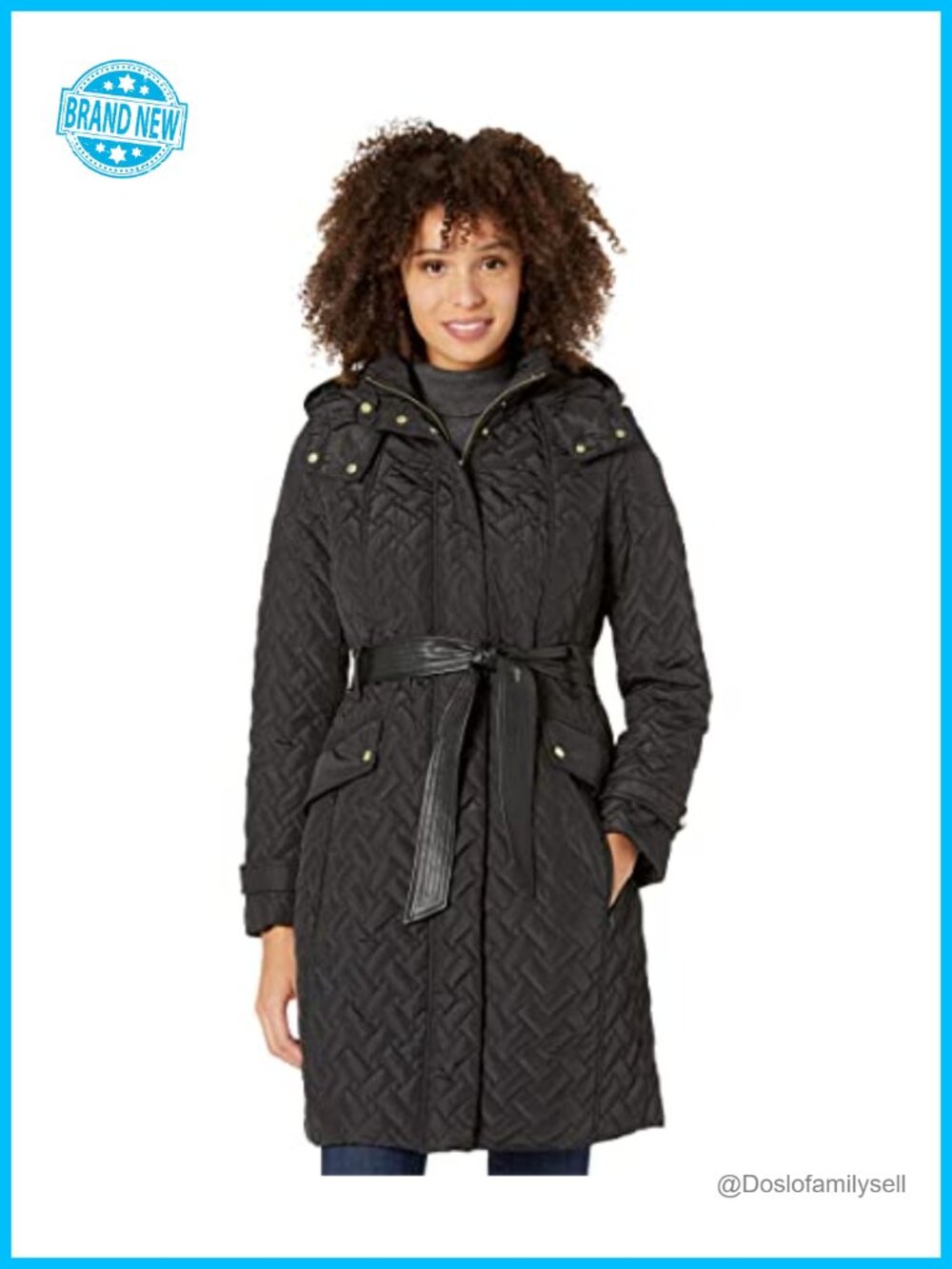 Faux Leather Belted Quilted Signature Coat Long Sleeve Slim Fit